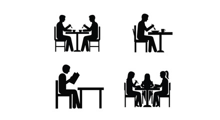 Fototapeta premium People dining and interacting at tables a simple black silhouette