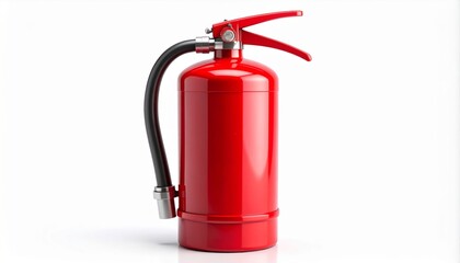 Obraz premium Red Fire Extinguisher With Black Hose And Silver Nozzle On White Background