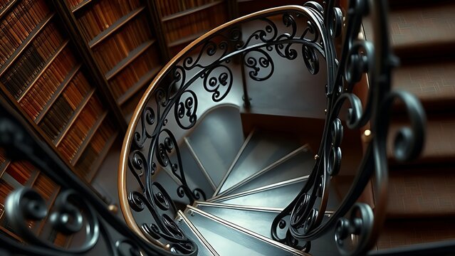 telex. Close-up of an ornate wrought-iron spiral staircase in an old library, leading upwards with soft light. real-estate listings.
