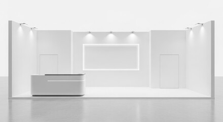 Fototapeta premium Empty white exhibition booth with a modern reception desk and illuminated display panel.