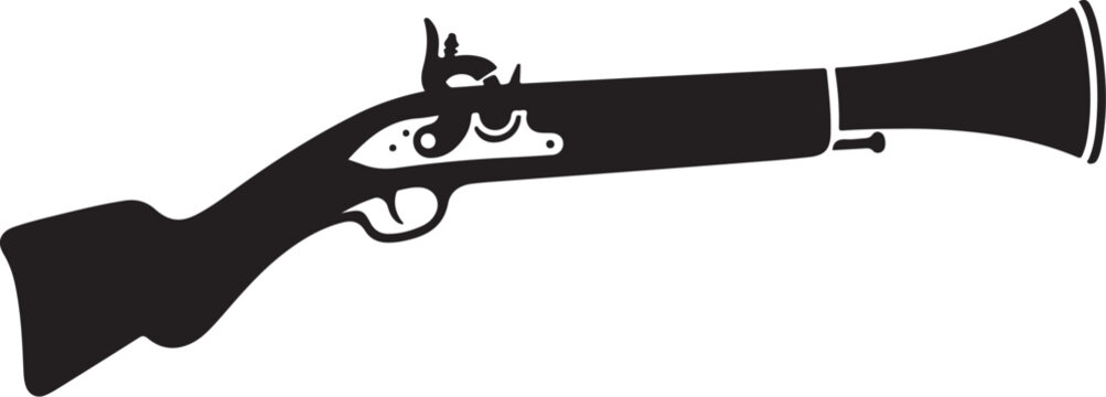 Vintage flintlock rifle, antique gun, black silhouette, historical weapon, vector illustration