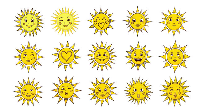 Collection of Smiling Cartoon Sun Faces.