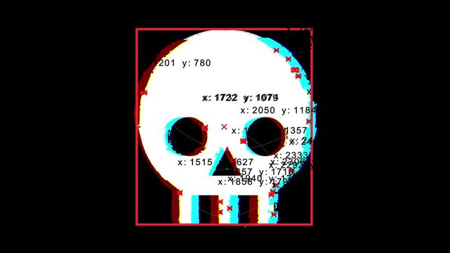 Cybersecurity skull icon. Technical animation of the crash with coordinates in a red frame.