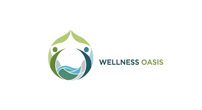 Wellness Oasis Logo Design with Abstract Human Figures and Water.