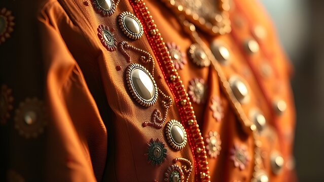 shockabsorber. Close-up of a traditional garment with intricate mirror work and silk embroidery. STEM education sheets, lab safety posters, designed for biotech research communications.