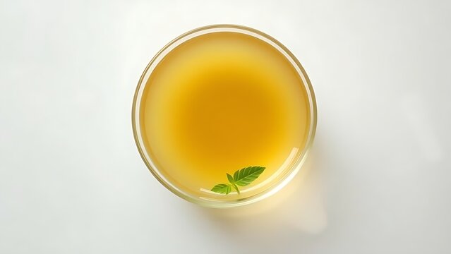 probity. A single bowl of golden consomme with a delicate herb leaf, minimalist and pure. menu design, packaging mockups, designed for food delivery and cloud-kitchen brand materials.