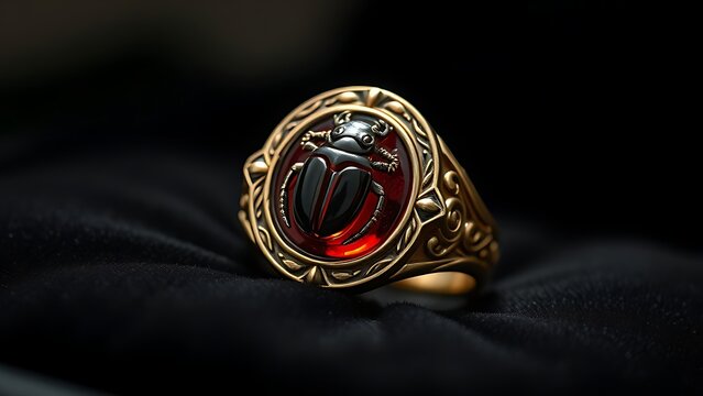 khepri. Ornate scarab beetle gemstone seal ring on black velvet with detailed carving. wildlife magazines, conservation campaigns, designed for eco-tourism storytelling, used by recruiters.