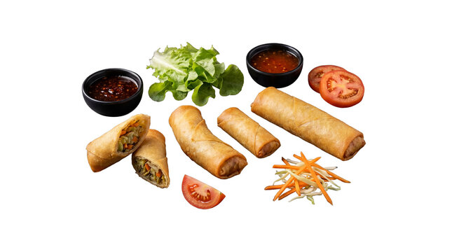 Golden crispy fried spring rolls with fresh vegetables and flavorful dipping sauces.