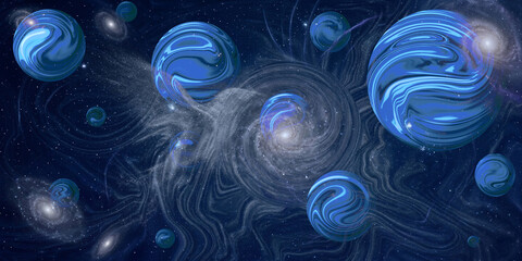 Bright blue marbles with swirling patterns drift through a dark blue cosmic space with nebulae © Snigdha