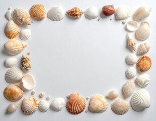 Obraz premium Assorted Seashells Arranged in Rectangular Frame on White Background Natural Variety