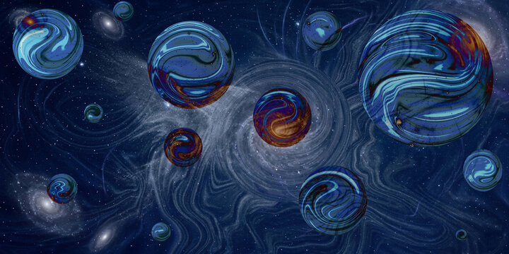 Blue and orange marbles with swirling patterns float in a dark blue cosmic space with nebulae