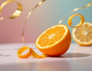 Naklejka premium Vibrant Fresh Orange with Citrus Peels Reflective Surface