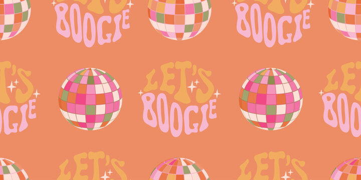 Let's Boogie retro seamless pattern with disco balls and groovy lettering. Vintage 70s style vector background for textile, wallpaper and party decor.