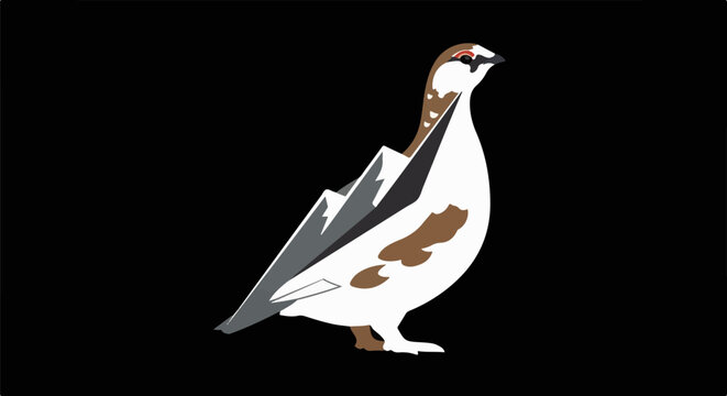 Stylized bird with mountain design on wings, white and brown