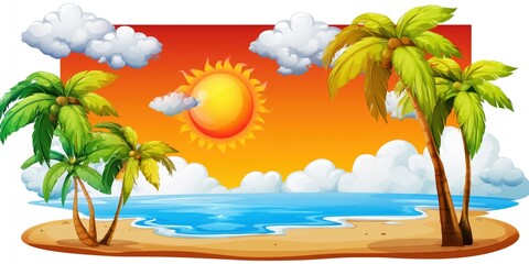 Obraz premium Tropical beach sunset with palm trees and ocean, bright orange sky and beautiful scenery