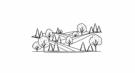 Obraz premium Stylized black and white drawing of rolling hills with various trees