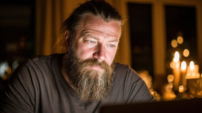 Thoughtful bearded man working at night by candlelight, illuminated by warm glow from a screen in a dark cozy room.
