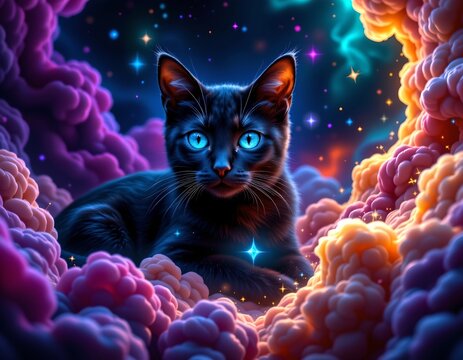 Cosmic Feline Rest Among Vibrant Nebula