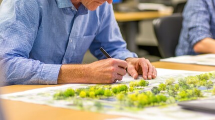 Obraz premium Person sketching on plans with trees in focus, captured indoors with a blurred background
