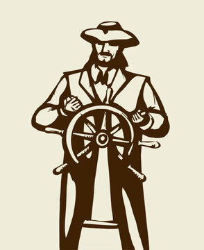 Vector drawing. The captain at the helm
