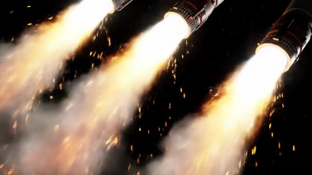 Trio of powerful rocket exhaust plumes ascend black void. White-hot, fiery orange/yellow light, smoke, fizzing particles. Ultra-detailed VFX video. Concept of raw propulsion energy