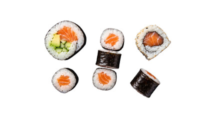 Assortment of fresh Japanese sushi rolls, including salmon maki and uramaki with avocado. © Samantha