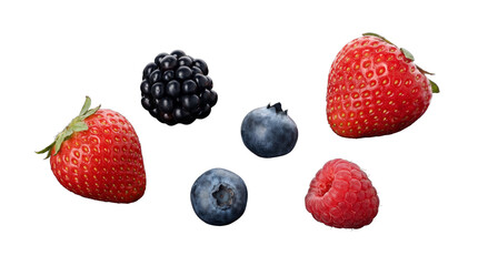 Obraz premium Vibrant assortment of fresh summer berries, including strawberries, blueberries, raspberry, and blackberry.