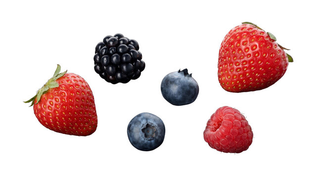 Vibrant assortment of fresh summer berries, including strawberries, blueberries, raspberry, and blackberry.