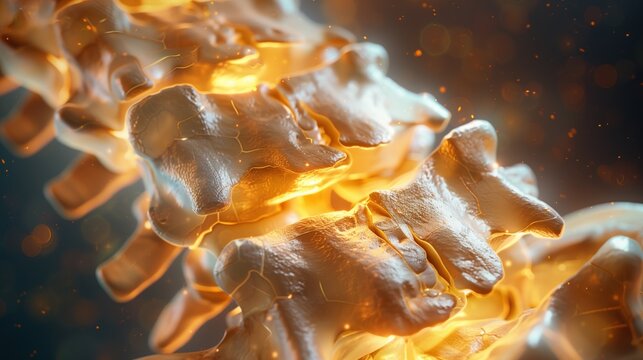 3D render of spinal osteoarthritis, vertebrae cross-section with intervertebral disc degeneration, facet joint deterioration, bone spur formation, warm golden rim lighting against dark background