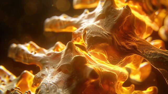 3D render of spinal osteoarthritis, vertebrae cross-section with intervertebral disc degeneration, facet joint deterioration, bone spur formation, warm golden rim lighting against dark background
