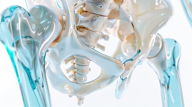 3D CGI medical visualization of hip joint osteoarthritis, transparent muscle layers revealing damaged joint capsule, bone-on-bone contact, osteophyte growths, clinical blue and white color palette