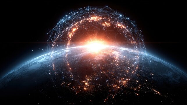 Futuristic sunrise over Earth with glowing global network connections forming a digital sphere in space.