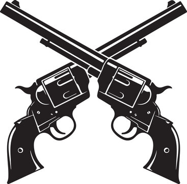 Crossed revolver pistols, black guns, weapon icons, vector firearms, crossed weapons