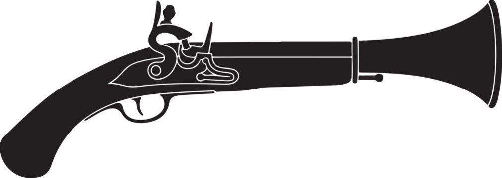 Vintage flintlock pistol, antique firearm, black silhouette, historical weapon, vector illustration