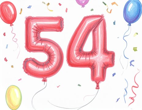 Pencil drawing of red number 54 balloon. Sketch for birthday or anniversary party