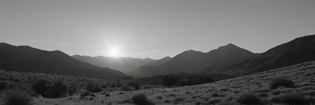 Black and White Mountain Landscape Scene with Sun Rising Over Hills