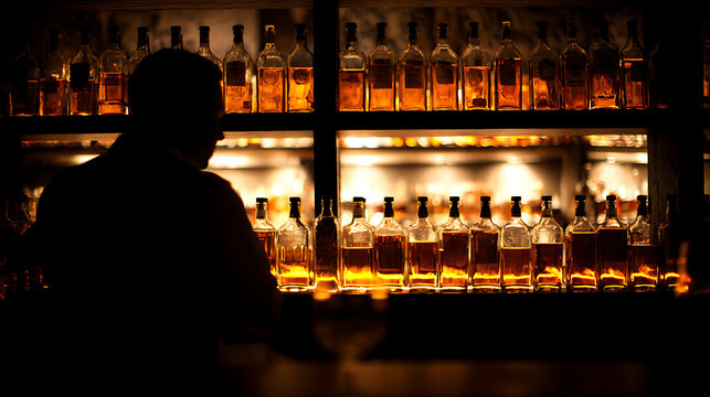 Silhouette of a Person Behind a Back-Lit Bar with Numerous Bottles of Amber Liquid, Evoking a Sophisticated and Relaxed Evening Ambiance