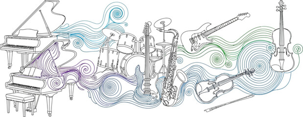 Obraz premium Musical ensemble line art illustration featuring various instruments flowing with colorful abstract wave patterns