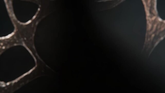 Human bone structure exhibiting a microscopic, porous honeycomb pattern on a dark background, representing osteoporosis, medical, and biological concepts