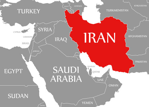 Iran Highlighted in Red on Political Map of the Middle East
