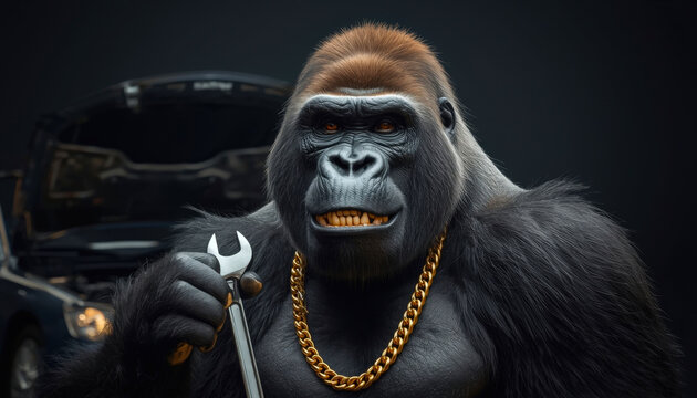 A black gorilla holds a monkey wrench in an auto repair shop, embodies a car repair master