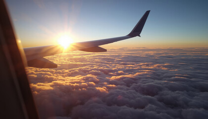 Fototapeta premium The wing of an airplane above the fluffy clouds of the sky