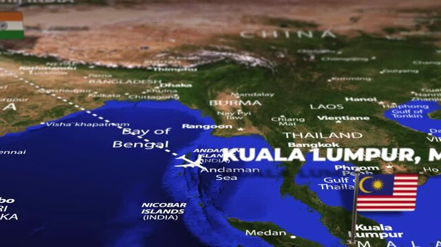 Flight From New Delhi INDIA to Kuala Lumpur MALAYSIA with flag pins