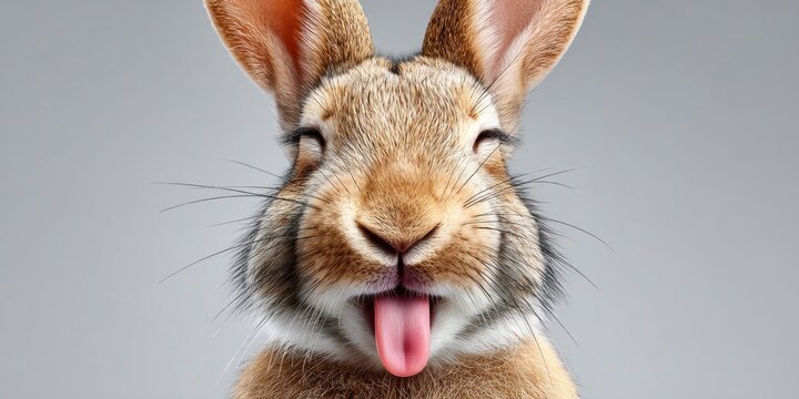 Close-up portrait of a rabbit with its eyes closed and tongue sticking out playfully