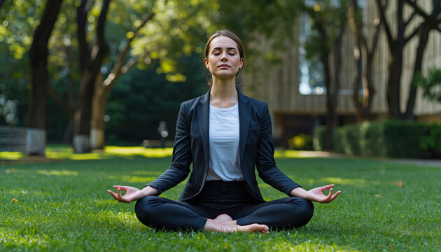 Office worker woman in jacket meditating outdoor on the grass