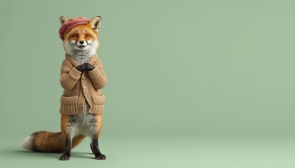 Fototapeta premium Cute fox in a beret and coat on a green background with a place for text