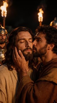 Biblical scene of the Kiss of Judas: Betrayal of Jesus Christ in the Garden of Gethsemane at night