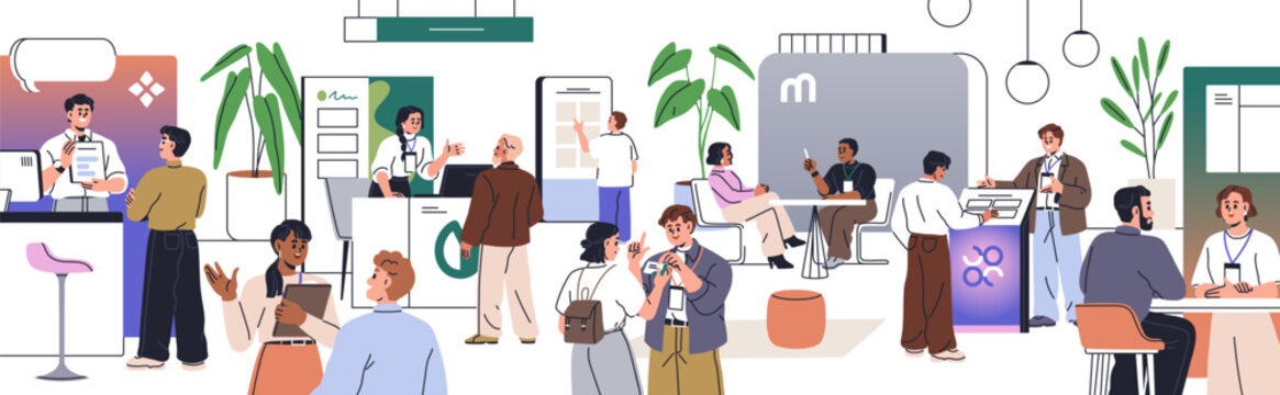 People at business expo center during exhibition event, tradeshow. Marketing professionals, managers, exhibitors at stalls and visitors, communication and product promotion. Flat vector illustration