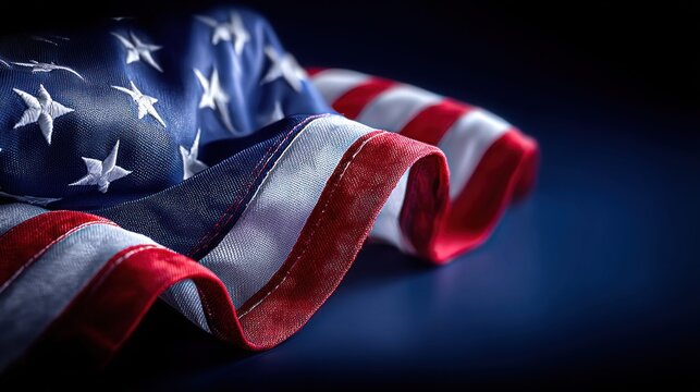 Close-up of the American flag with stars and stripes elegantly draped on a dark blue surface