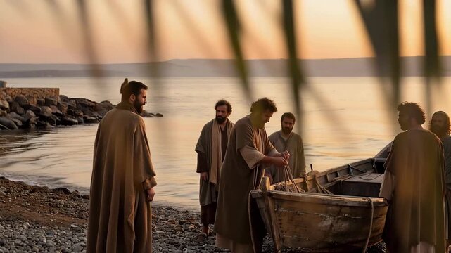 Silhouette of Jesus as Disciples Prepare Boat